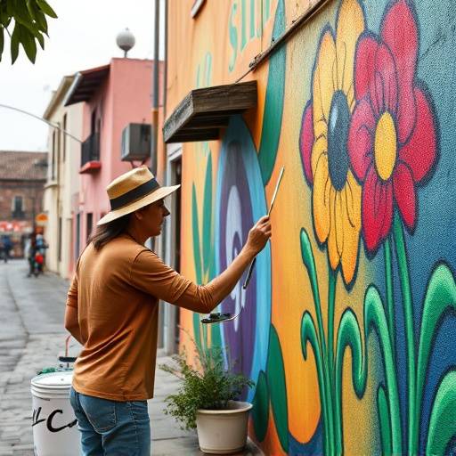 Artista local pintando un mural vibrante en una calle adoquinada de un pueblo espa&radic;&plusmn;ol.