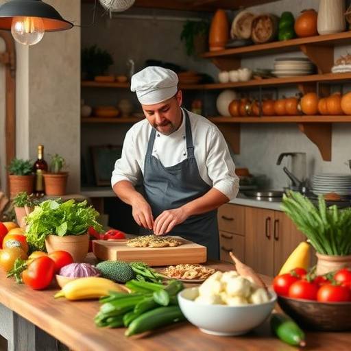 Chef impartiendo una clase de cocina espa&radic;&plusmn;ola con ingredientes frescos sobre una mesa de madera.