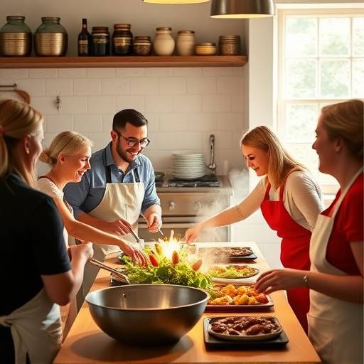Grupo de personas riendo mientras participan en una clase de cocina espa&ntilde;ola.