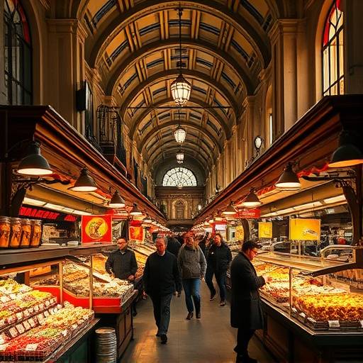 Interior del Mercado de San Miguel en Madrid, con puestos de comida gourmet.
