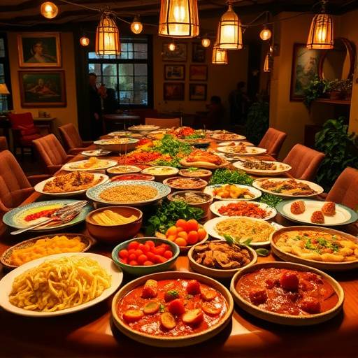 Mesa abundante con diversos platos de la gastronom&iacute;a espa&ntilde;ola