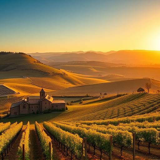Paisaje de vi&radic;&plusmn;edos ondulados en La Rioja con bodegas tradicionales al fondo.