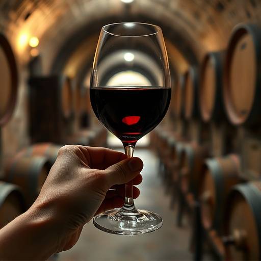 Primer plano de una mano sosteniendo una copa de vino tinto con una bodega antigua al fondo.
