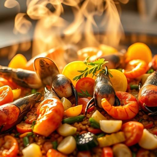 Primer plano de una paella valenciana humeante con mariscos y verduras frescas.