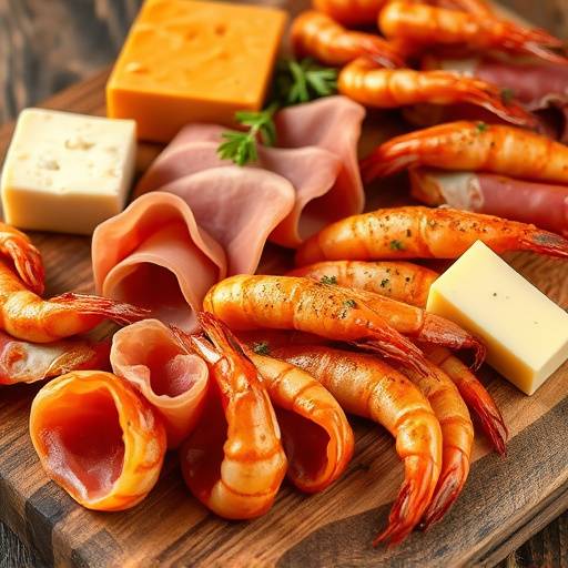 Primer plano de una tabla de tapas variadas, incluyendo jam&oacute;n ib&eacute;rico, queso manchego y gambas al ajillo.
