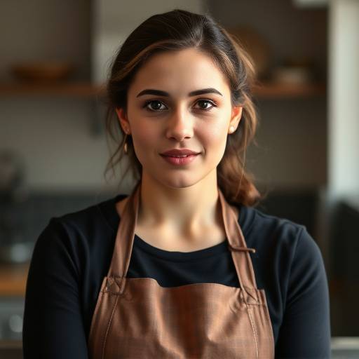 Retrato de la Chef Elena Vargas, con un delantal impecable y expresi&oacute;n concentrada.