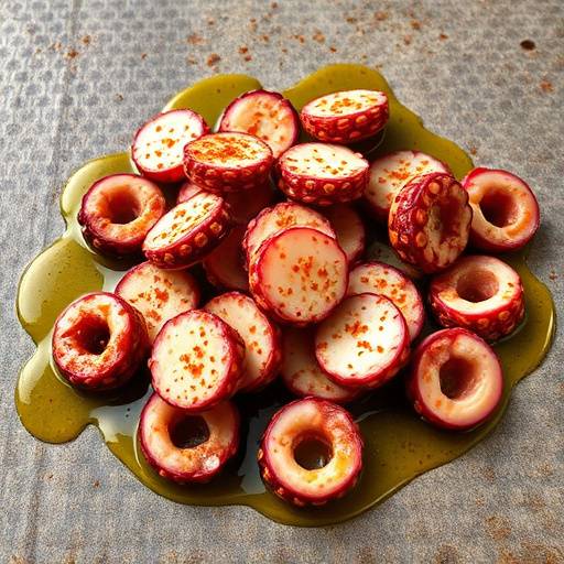 Tapas de pulpo a la gallega, cortado y servido con piment&oacute;n y aceite de oliva.