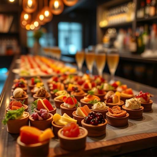 Un plato de pintxos variados y coloridos sobre una barra de bar.