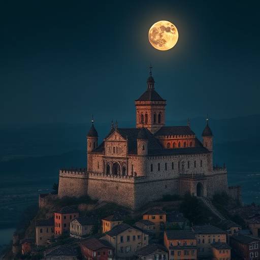 Vista a&radic;&copy;rea de un antiguo castillo espa&radic;&plusmn;ol iluminado por la luna llena.