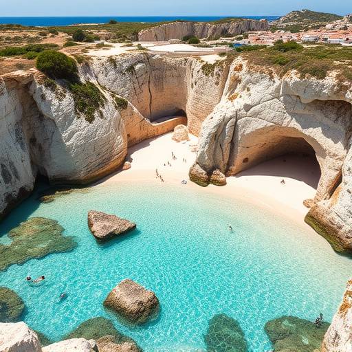 Vistas panor&radic;&deg;micas de las calas de arena blanca en Menorca, con aguas cristalinas y rocas esculpidas por el mar.